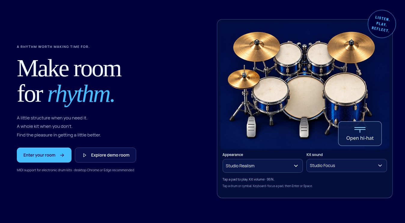 DrumBell’s public kit preview with its complete blue drum kit, appearance and sound selectors, and playing instructions.