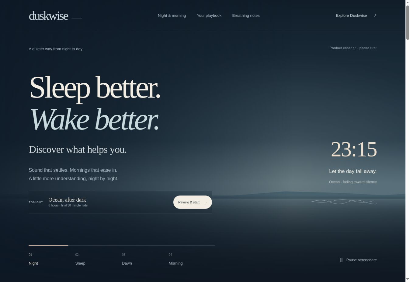 Duskwise’s homepage with its complete navigation, night-to-morning introduction, sound session and atmospheric night scene.