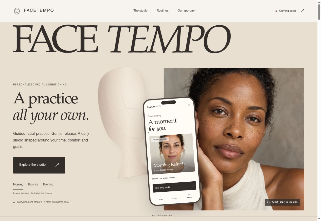FaceTempo’s homepage with its full wordmark, facial practice introduction, portrait and illustrative mobile app preview.