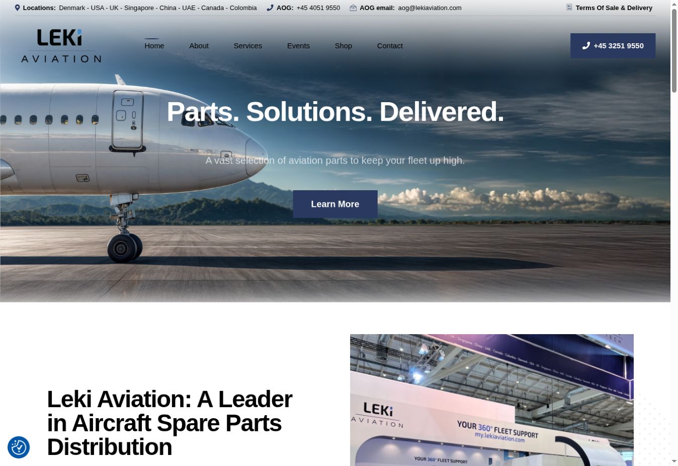 Leki Aviation’s homepage with its full navigation, aircraft hero image and Parts. Solutions. Delivered. headline.