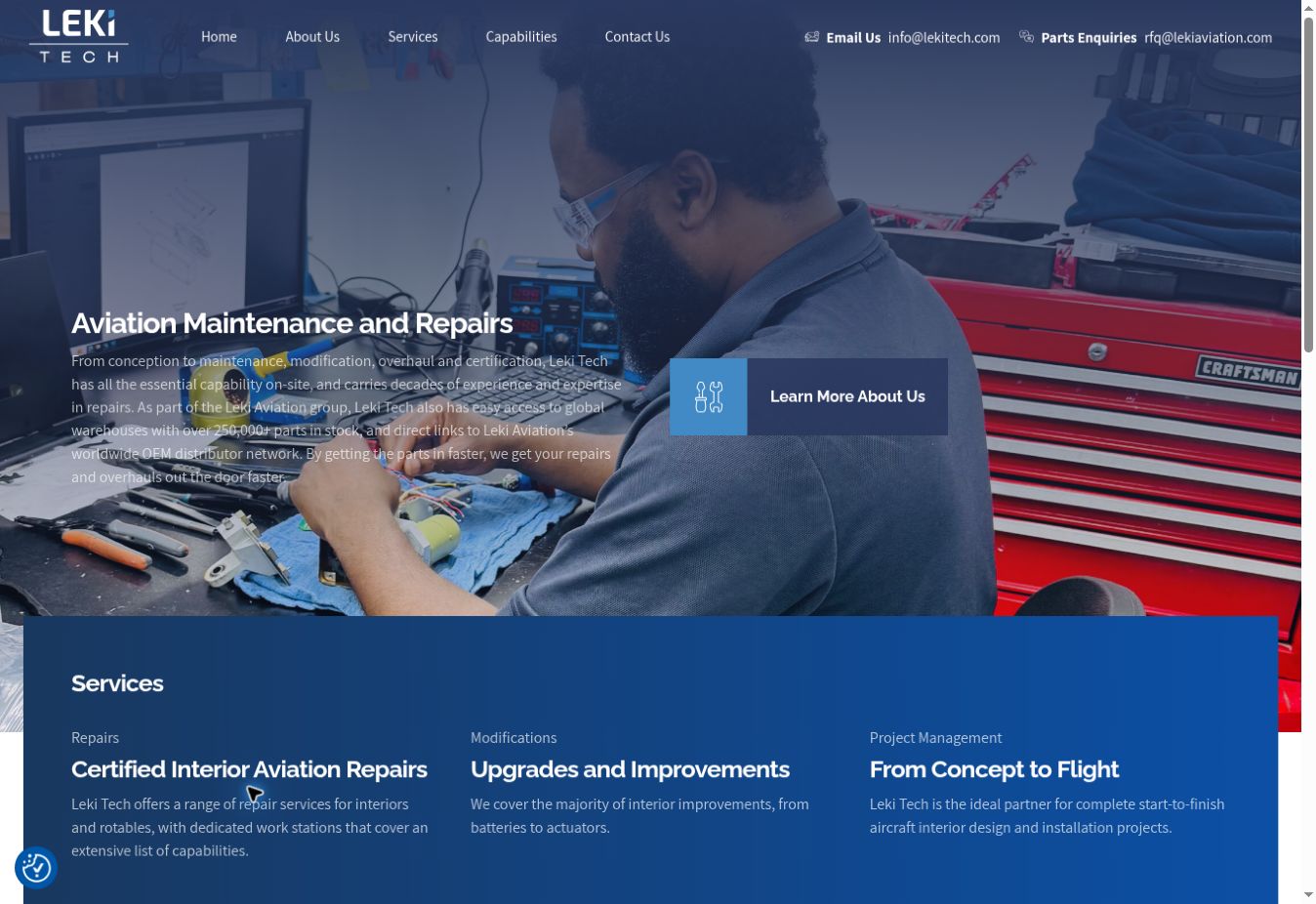 Leki Tech’s homepage with its navigation, aviation repair technician and maintenance services introduction.