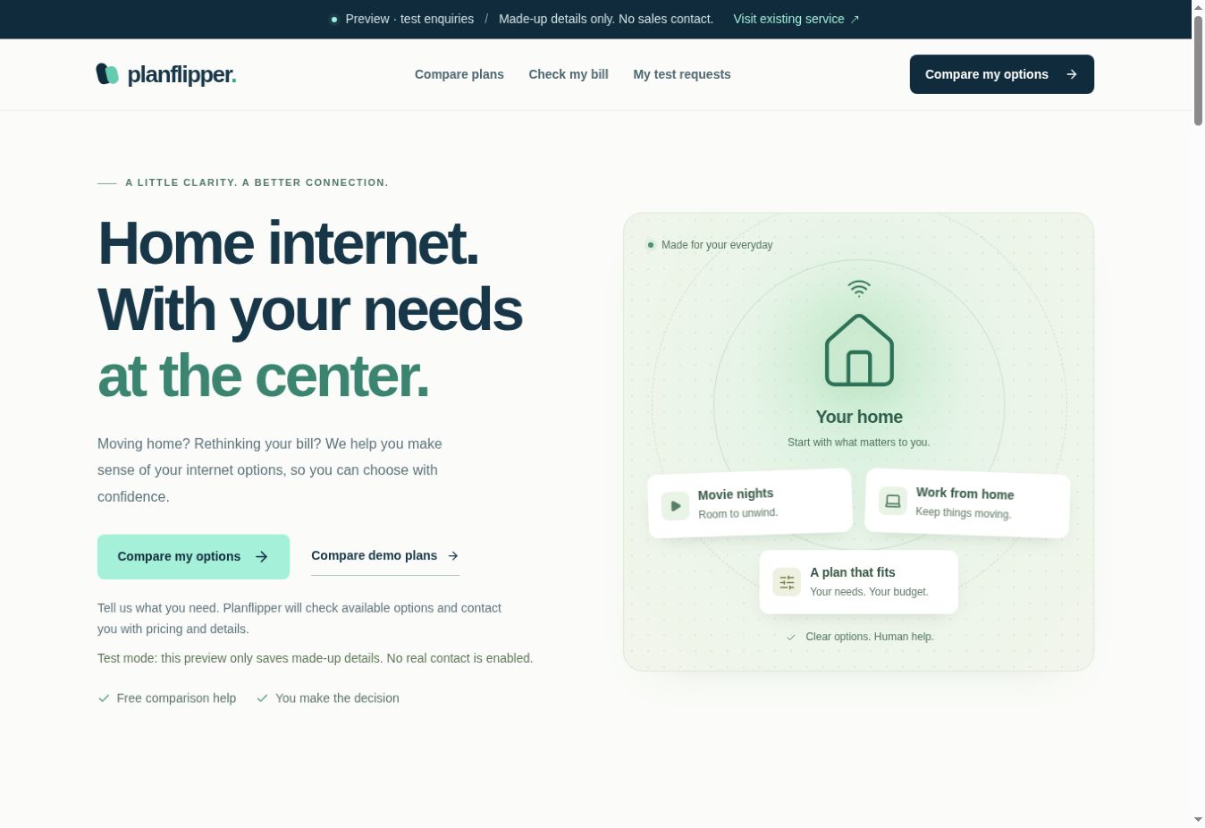 Planflipper’s home internet preview, showing its navigation, comparison options and illustrated home priorities.